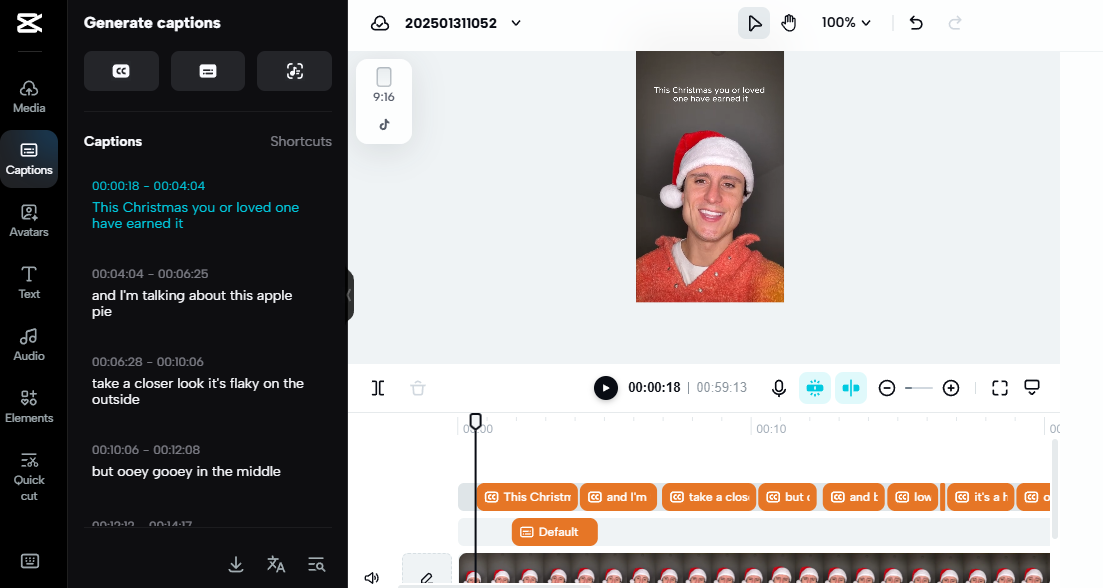 Video editing interface for a mobile eCommerce ad featuring captions and a person in a Santa hat.